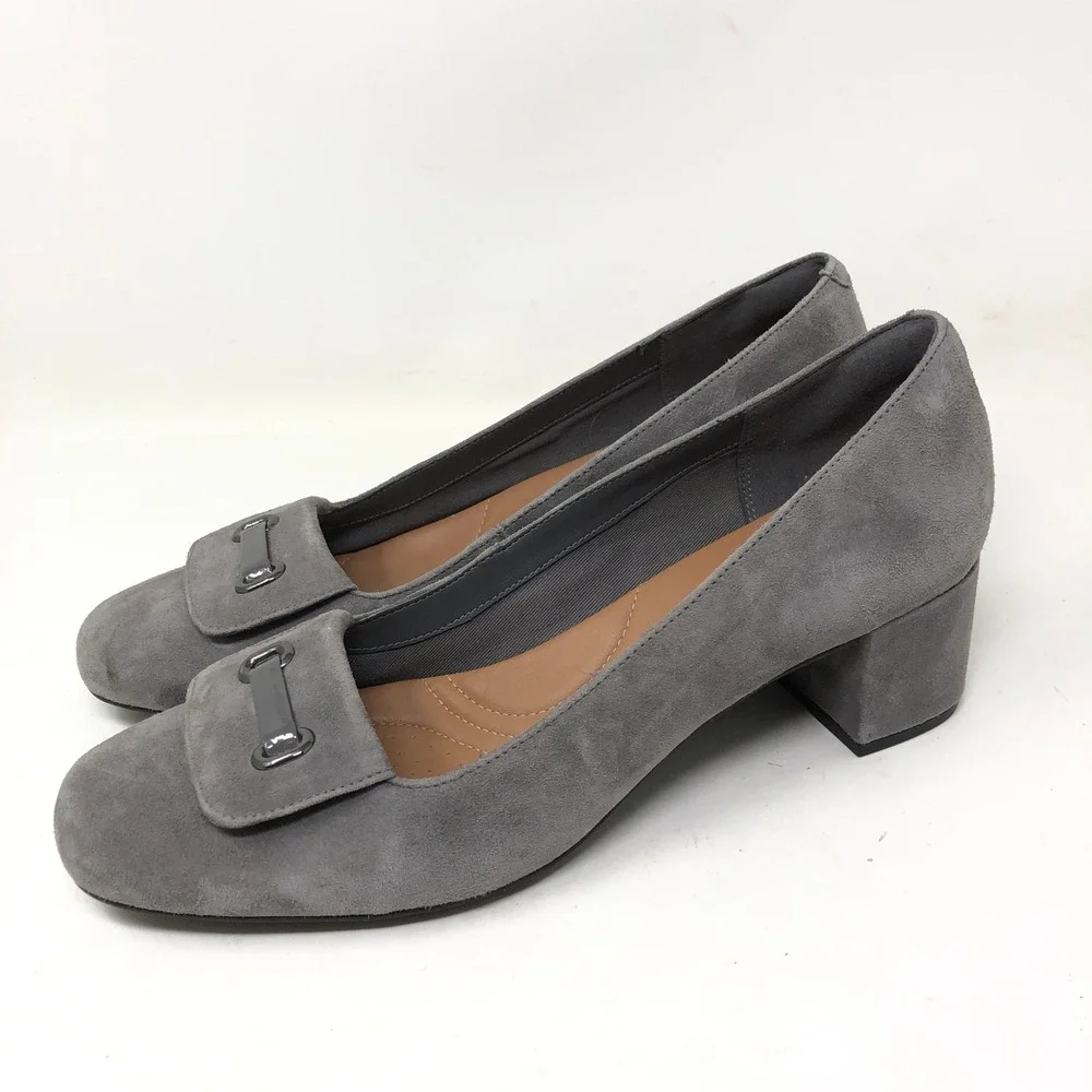 Clarks Womens 10 Tealia Gia Artisan Pumps Grey Suede Block Heel